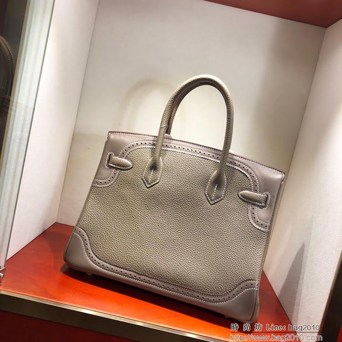 HERMES愛馬仕 鉑金包 Birkin Ghillies 30Cm Swif拼Tc 18 Etoupe 大象灰 銀扣 頂級工藝 手縫蠟線 時尚手提包  Ama1596